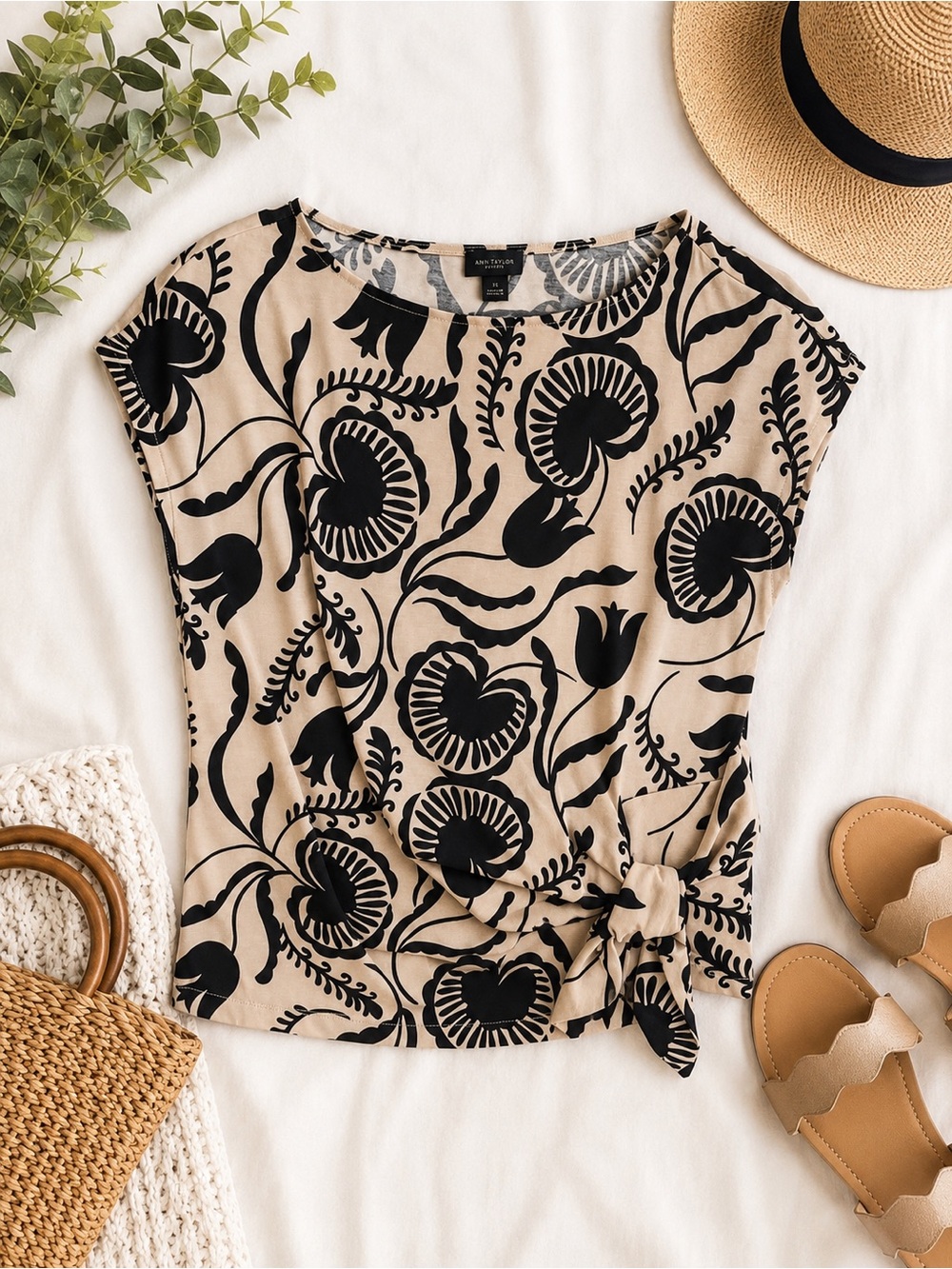 Ann Taylor Factory Beige and Black Floral Tie-Hem Top